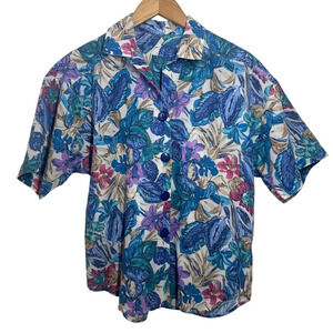 Vintage Camp Shirt Women L Button Up Floral Blue Purple Hawaiian Light Top Vacay